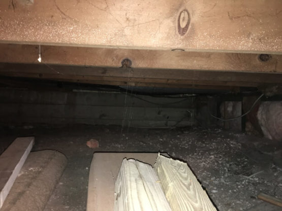 a crawl space located in Wilmette, IL full of dirt, insects, and fallen insulation before encapsulation services to repair
